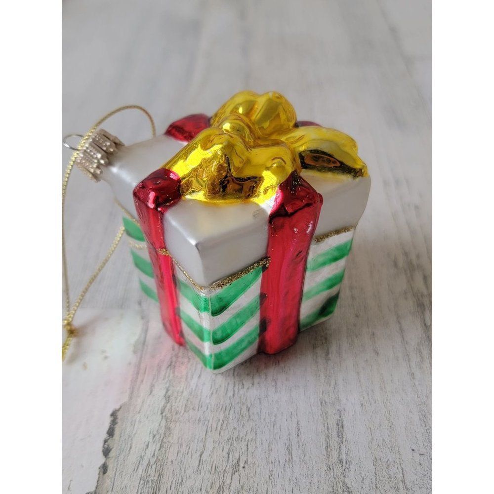 Green striped present gift bow blown glass ornament Xmas decor